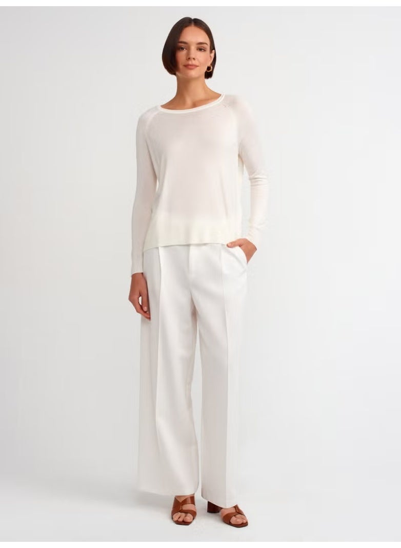 Dilvin 10536 Crew Neck Basic Thin Knit Sweater-Ecru - Image 3